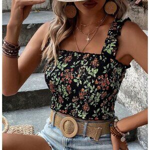 Black Floral Print Shirred Frill Trim Cami Crop Top Sz 8